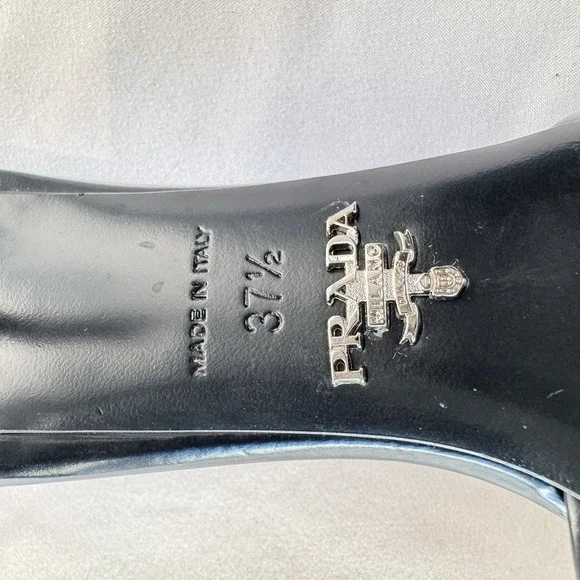 Prada Slingback Stiletto Ankle Strap Logo Accent Black Pointed Toe Leather 37.5 - Picture 12 of 14